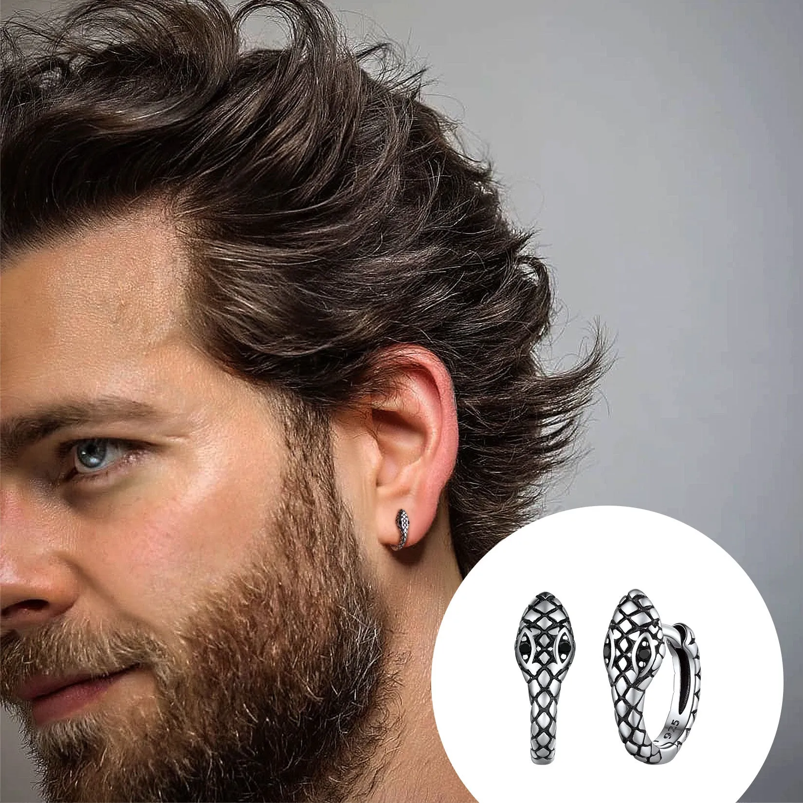 Punk Snake Huggie Hoop Earrings in Sterling Silver for Men sold by FaithHeart product image thumbnail 2