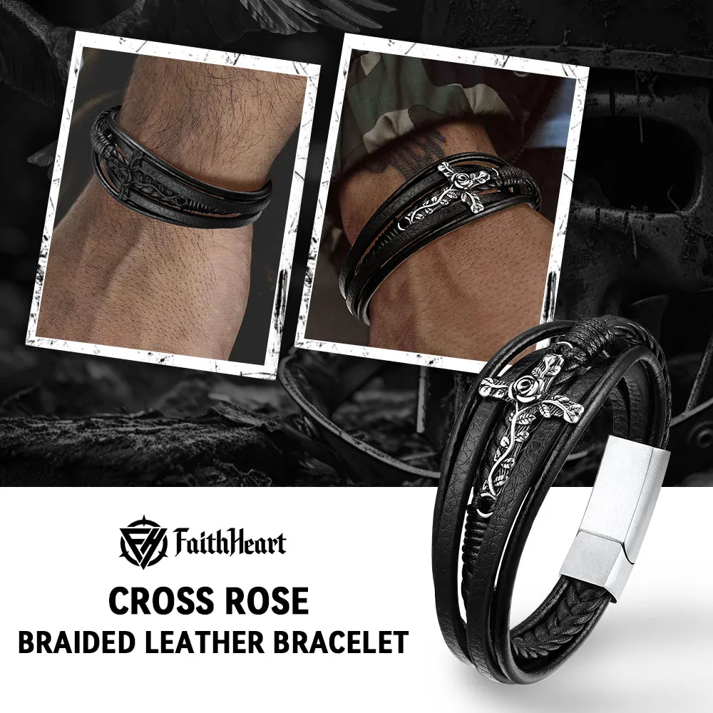 Christian Black Rose Cross Braided Leather Bracelet Gift for Men sold by FaithHeart product image thumbnail 5
