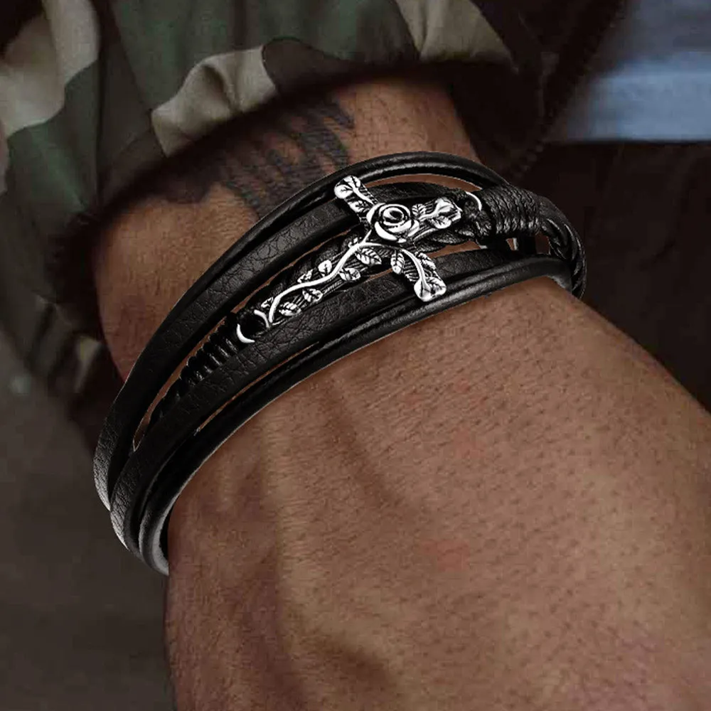 Christian Black Rose Cross Braided Leather Bracelet Gift for Men sold by FaithHeart product image thumbnail 2