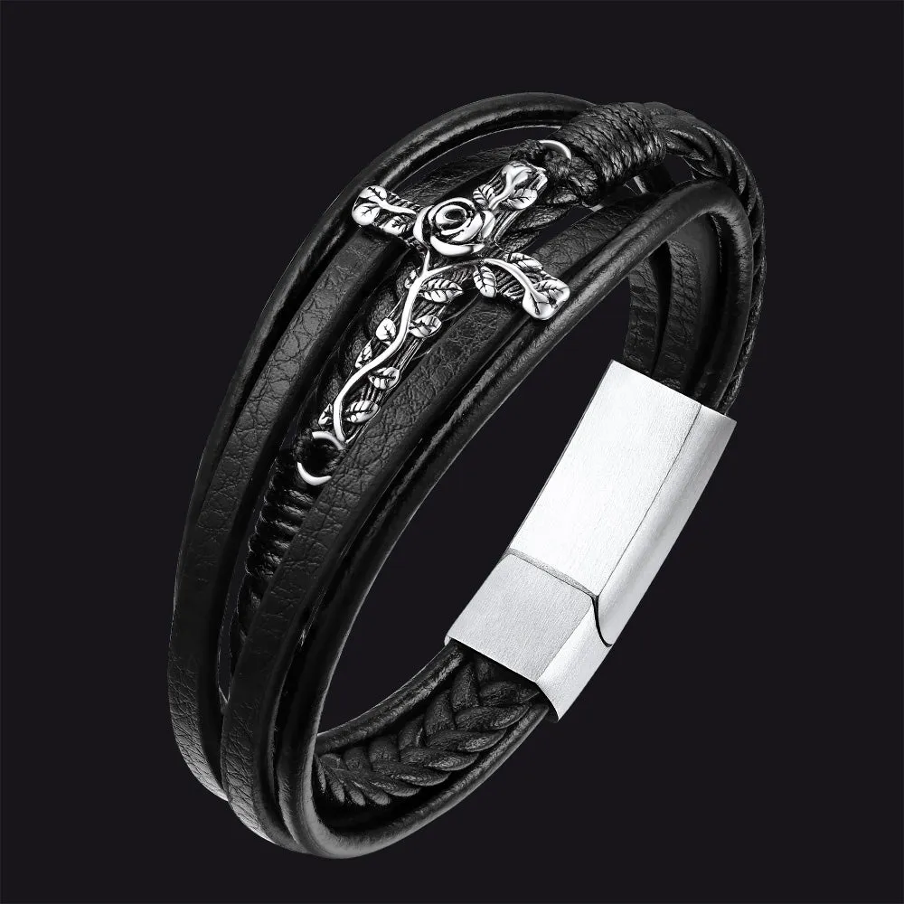 Christian Black Rose Cross Braided Leather Bracelet Gift for Men sold by FaithHeart