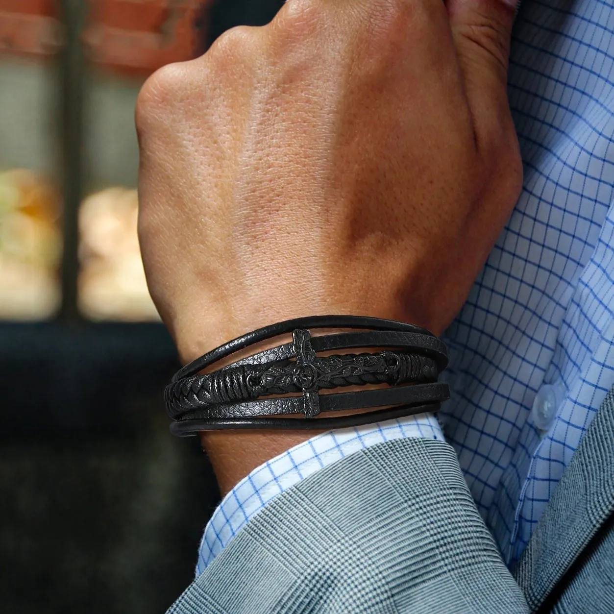 Christian Black Rose Cross Braided Leather Bracelet Gift for Men sold by FaithHeart product image thumbnail 4