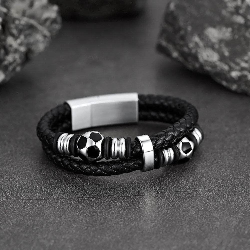 Punk Soccer Black Leather Braided Bracelet for Men sold by FaithHeart product image thumbnail 4