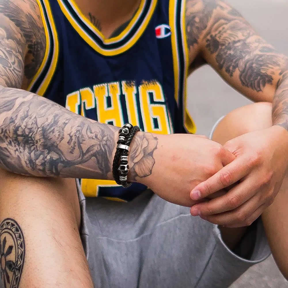 Punk Soccer Black Leather Braided Bracelet for Men sold by FaithHeart product image thumbnail 2