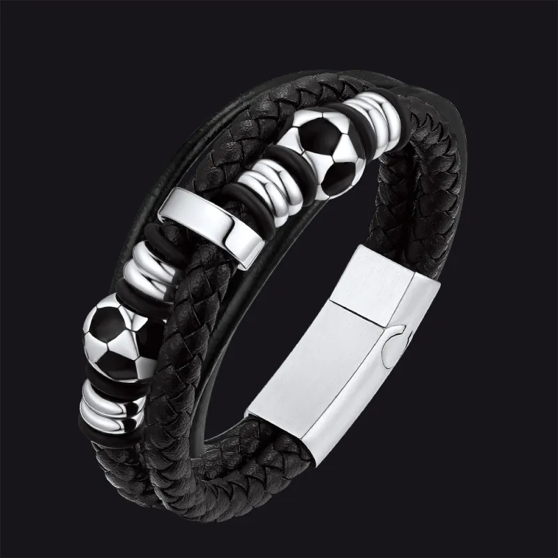 Punk Soccer Black Leather Braided Bracelet for Men sold by FaithHeart