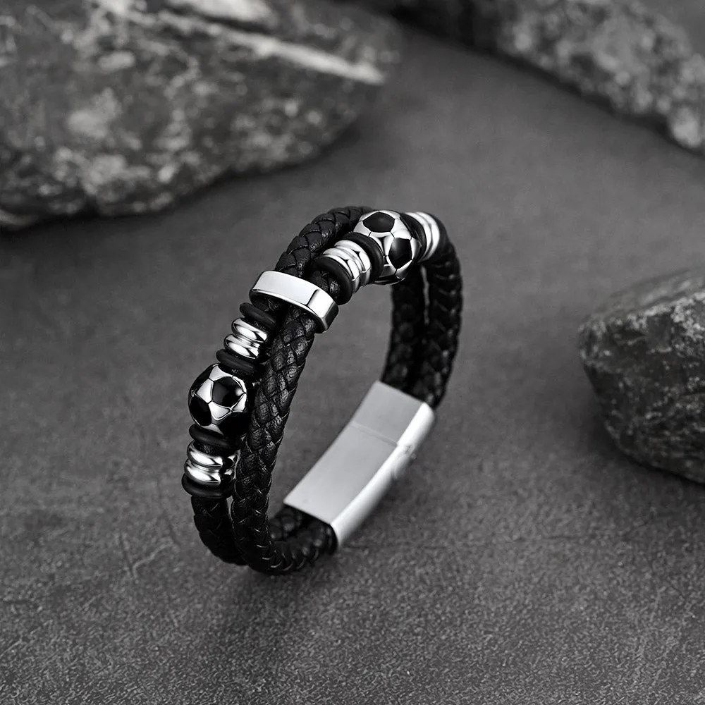 Punk Soccer Black Leather Braided Bracelet for Men sold by FaithHeart product image thumbnail 3