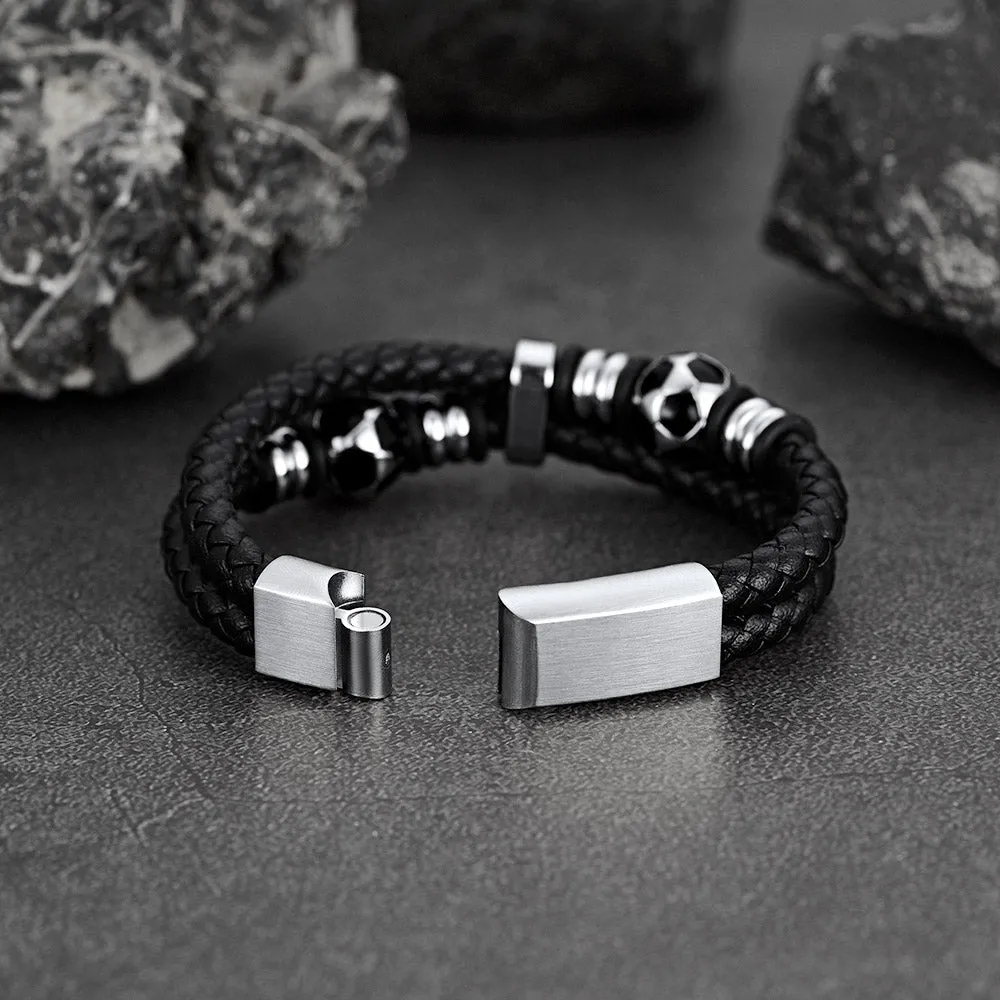 Punk Soccer Black Leather Braided Bracelet for Men sold by FaithHeart product image thumbnail 5