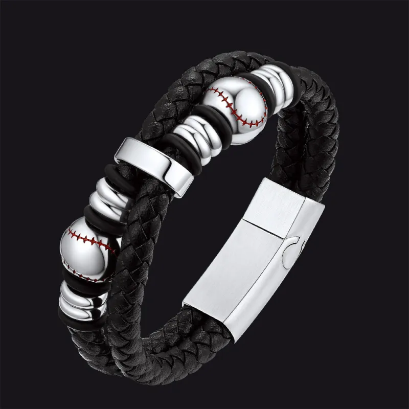 Sport Baseball Leather Cuff Bracelet Braided for Men made by FaithHeart