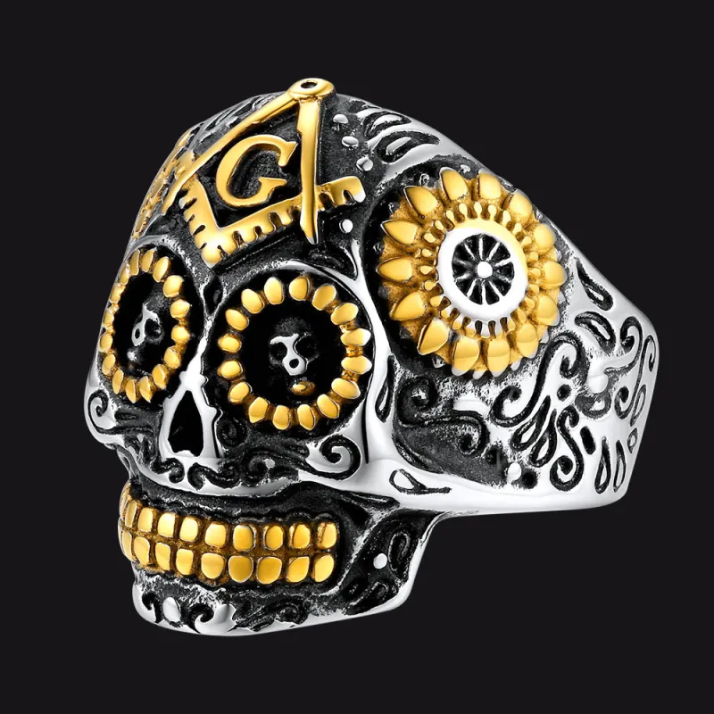 Punk Masonic Sugar Skull Ring for Men sold by FaithHeart