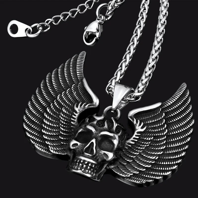 Gothic Flame Winged Skull Pendant Necklace for Men sold by FaithHeart