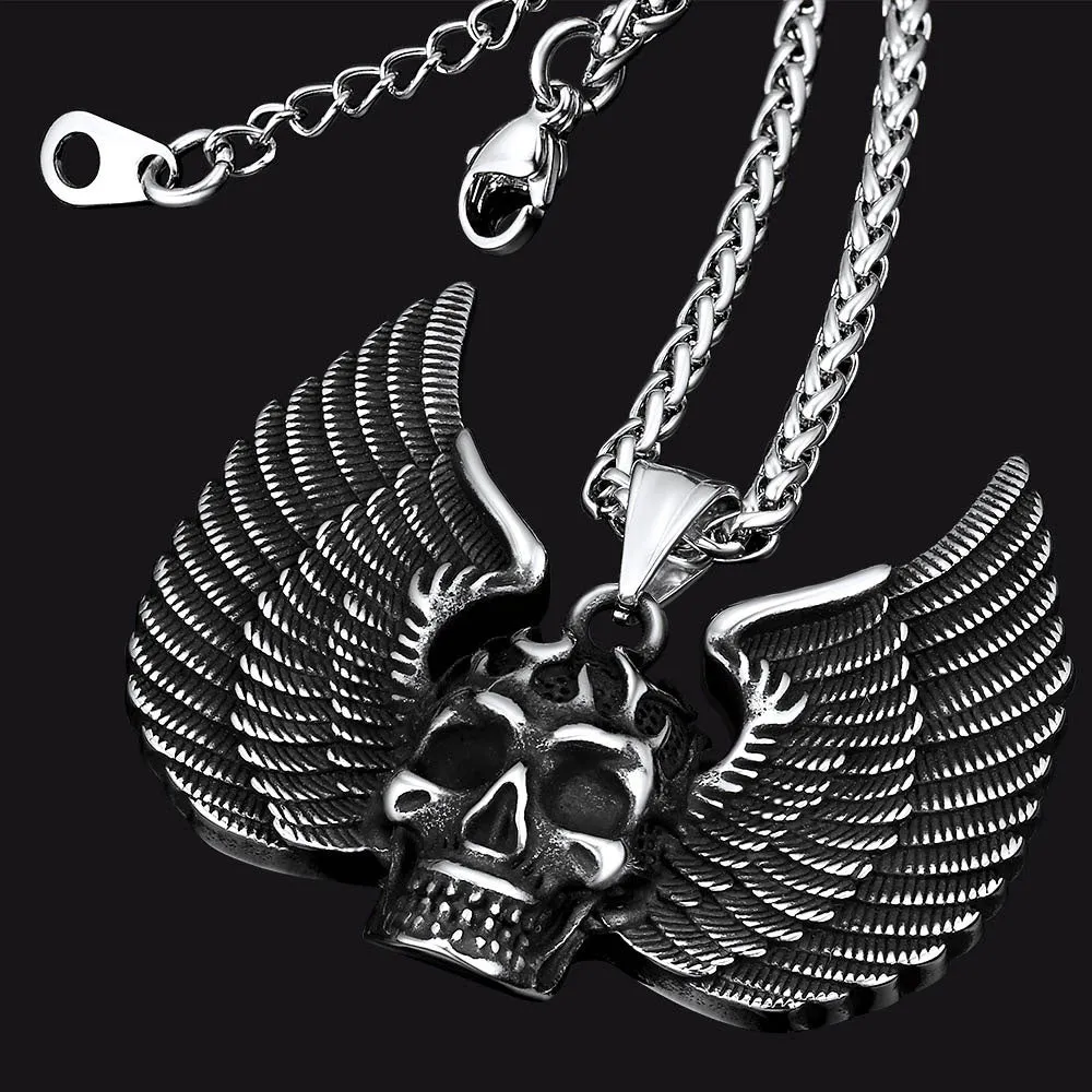 Gothic Flame Winged Skull Pendant Necklace for Men sold by FaithHeart