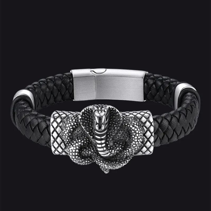 Gothic Black Cobra Snake Leather Bracelet Cuff Band for Men sold by FaithHeart