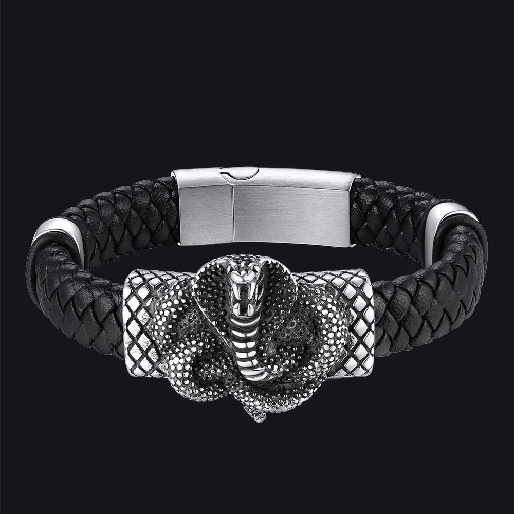 Gothic Black Cobra Snake Leather Bracelet Cuff Band for Men sold by FaithHeart