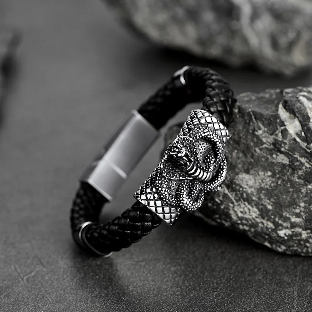 Gothic Black Cobra Snake Leather Bracelet Cuff Band for Men sold by FaithHeart product image thumbnail 4
