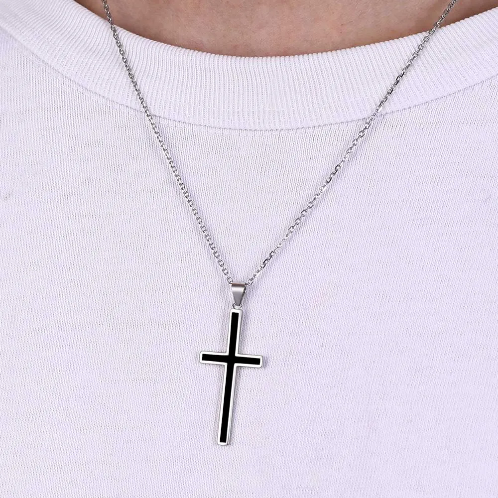 Sterling Silver Black Enamel Cross Necklace for Men sold by FaithHeart product image thumbnail 2