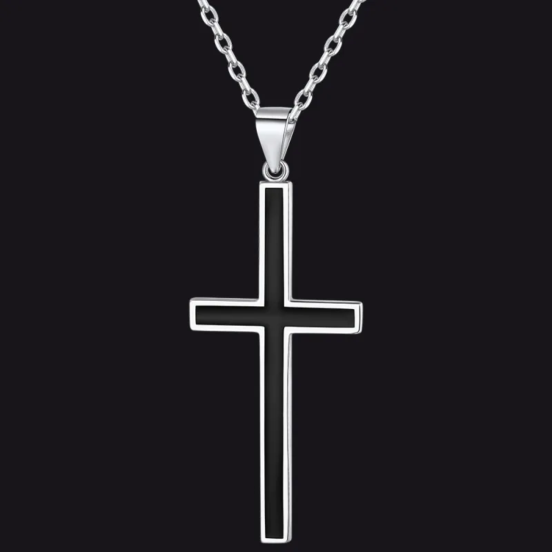 Sterling Silver Black Enamel Cross Necklace for Men sold by FaithHeart