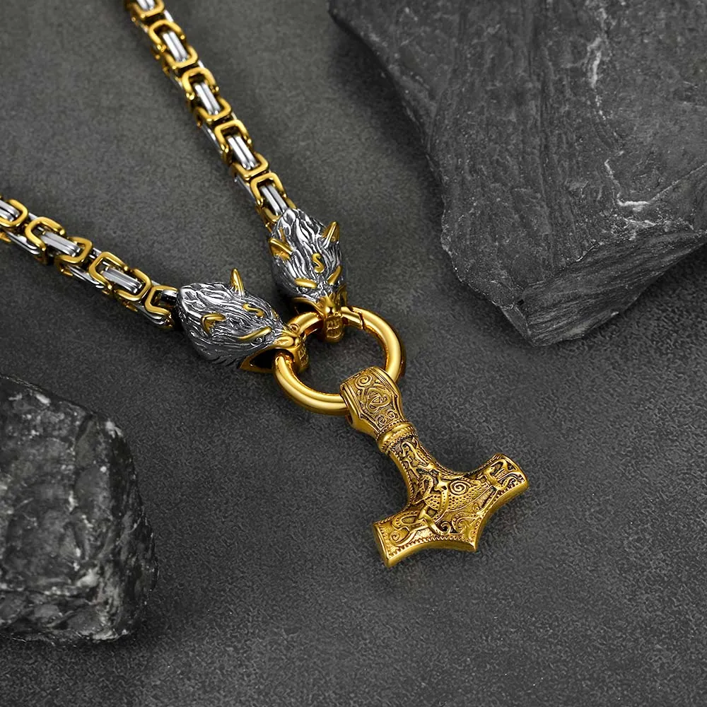 Viking Mjolnir Thor's Hammer Necklace with Wolf Head Kings Chain sold by FaithHeart product image thumbnail 5