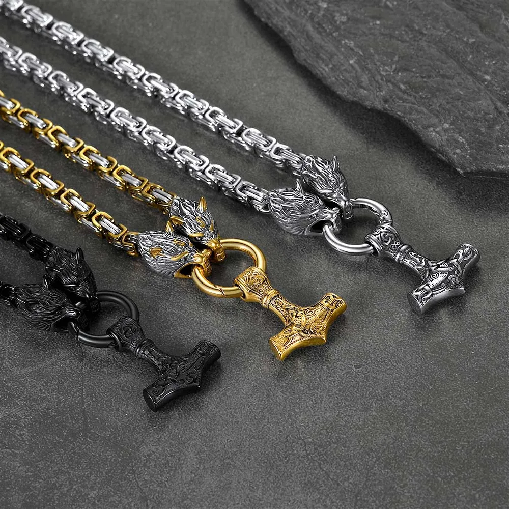 Viking Mjolnir Thor's Hammer Necklace with Wolf Head Kings Chain sold by FaithHeart product image thumbnail 2