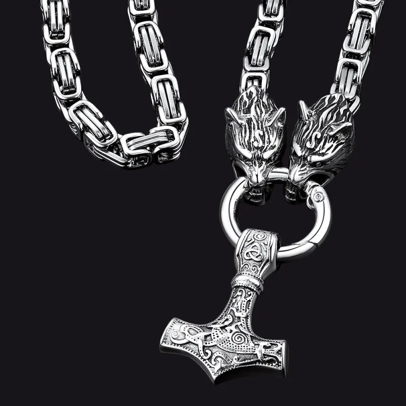 Viking Mjolnir Thor's Hammer Necklace with Wolf Head Kings Chain sold by FaithHeart