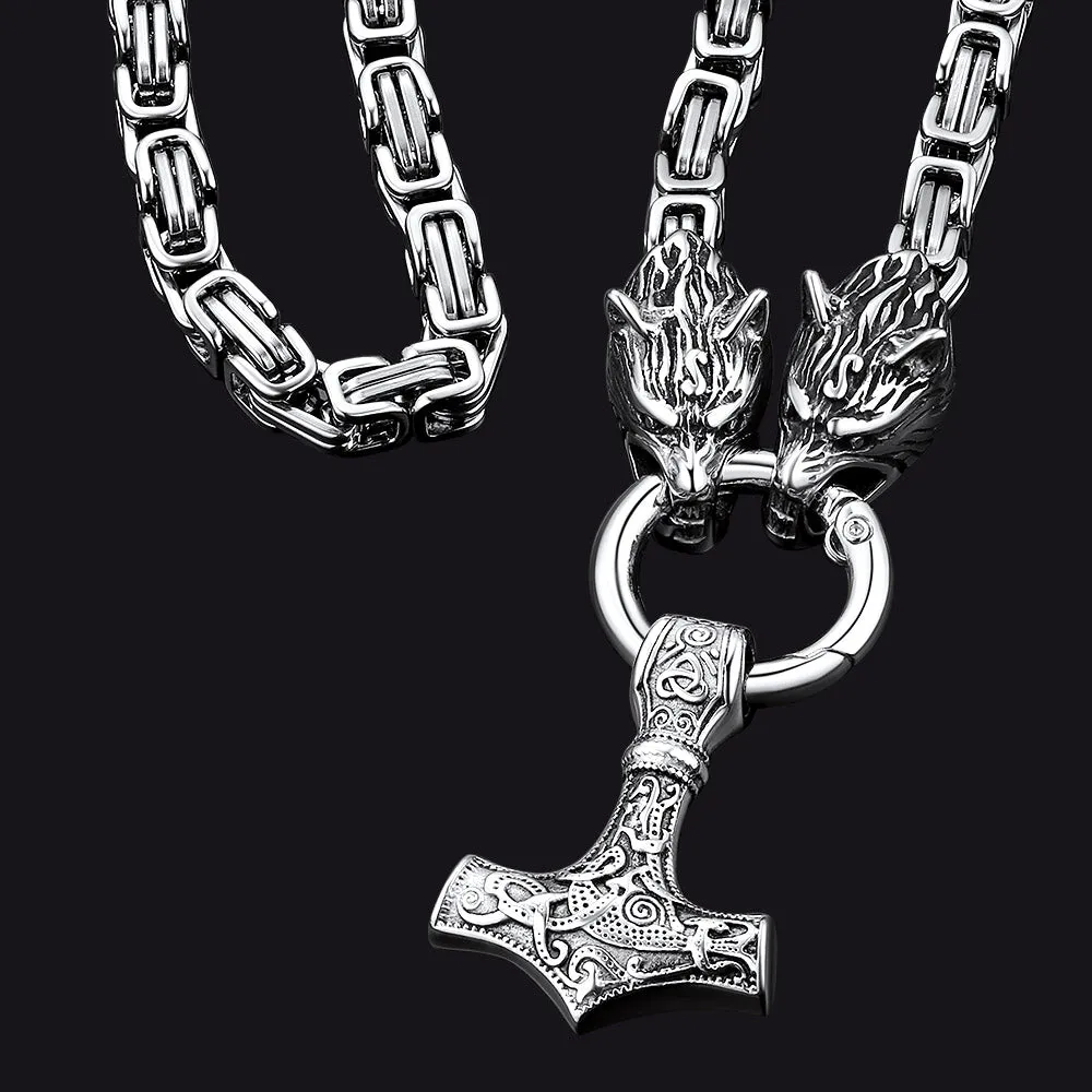 Viking Mjolnir Thor's Hammer Necklace with Wolf Head Kings Chain sold by FaithHeart