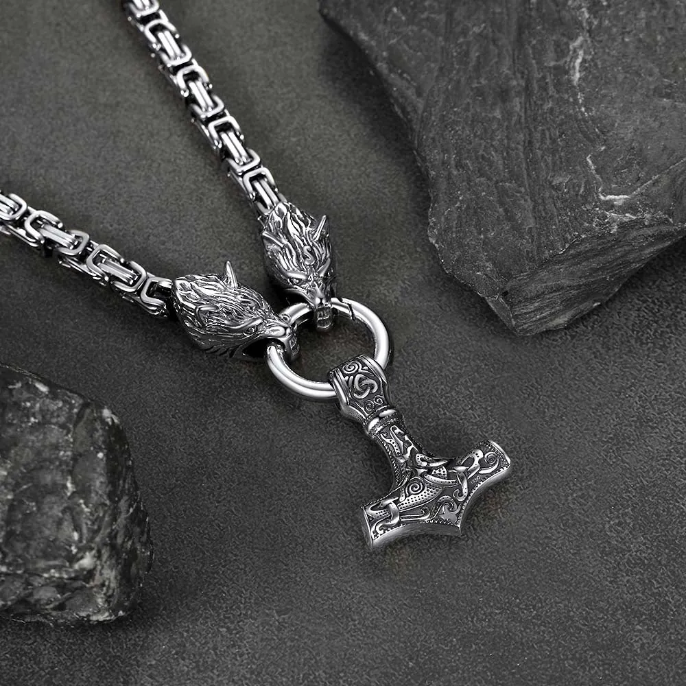 Viking Mjolnir Thor's Hammer Necklace with Wolf Head Kings Chain sold by FaithHeart product image thumbnail 3