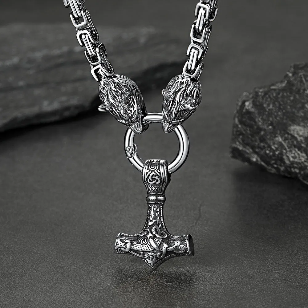 Viking Mjolnir Thor's Hammer Necklace with Wolf Head Kings Chain sold by FaithHeart product image thumbnail 4