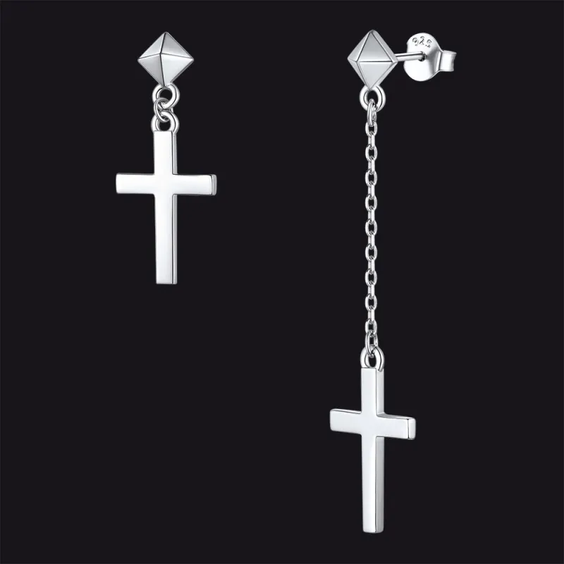 Classic Asymmetry Dangling Cross Earrings in Sterling Silver sold by FaithHeart