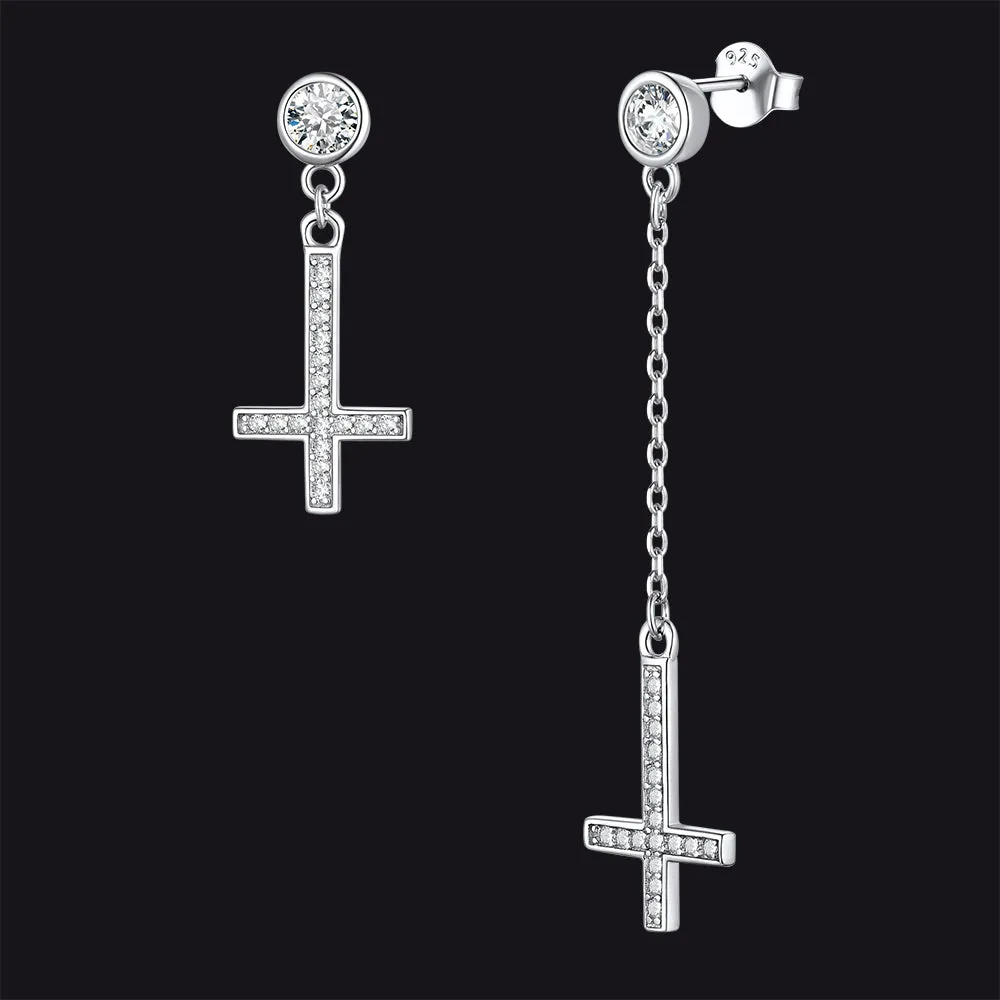 Sterling Silver Inverted Cross Earrings Drop Studs Cubic Zirconia sold by FaithHeart