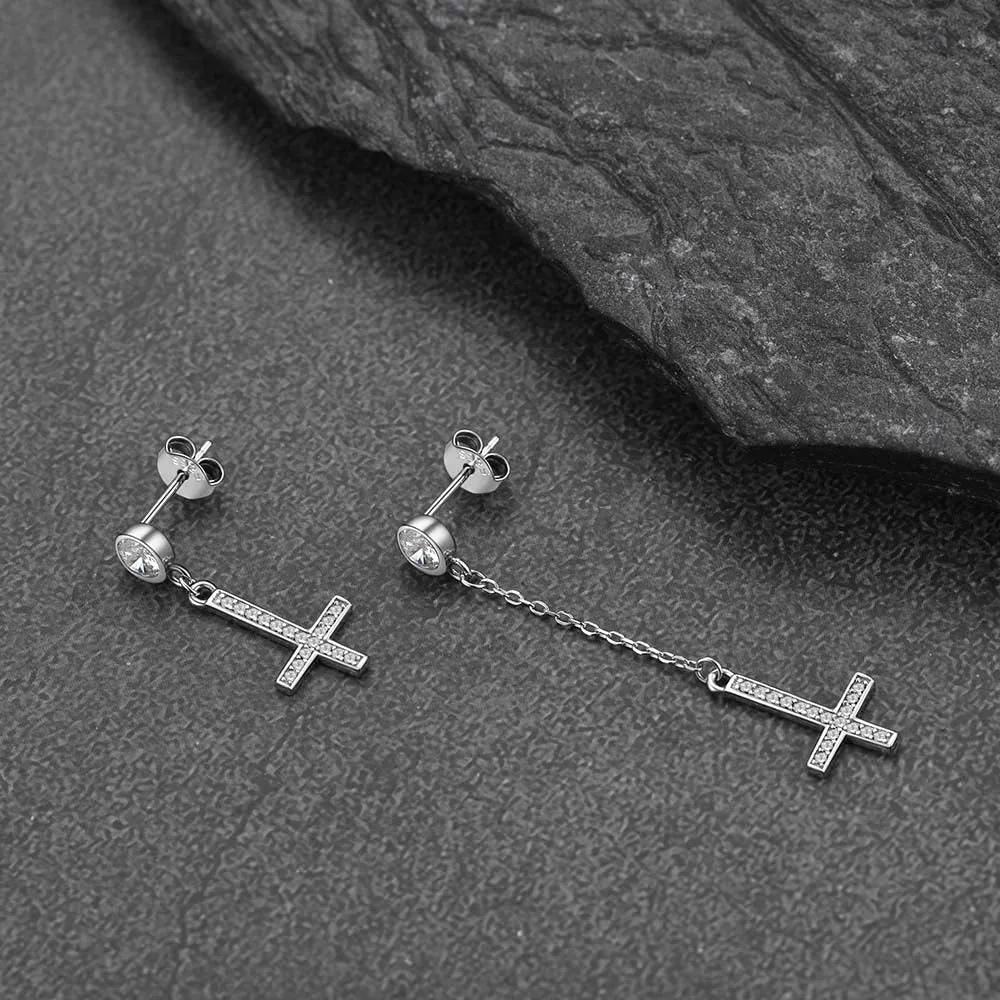 Sterling Silver Inverted Cross Earrings Drop Studs Cubic Zirconia sold by FaithHeart product image thumbnail 2