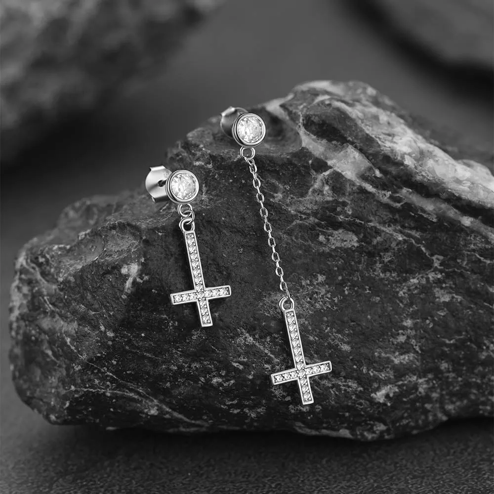 Sterling Silver Inverted Cross Earrings Drop Studs Cubic Zirconia sold by FaithHeart product image thumbnail 3