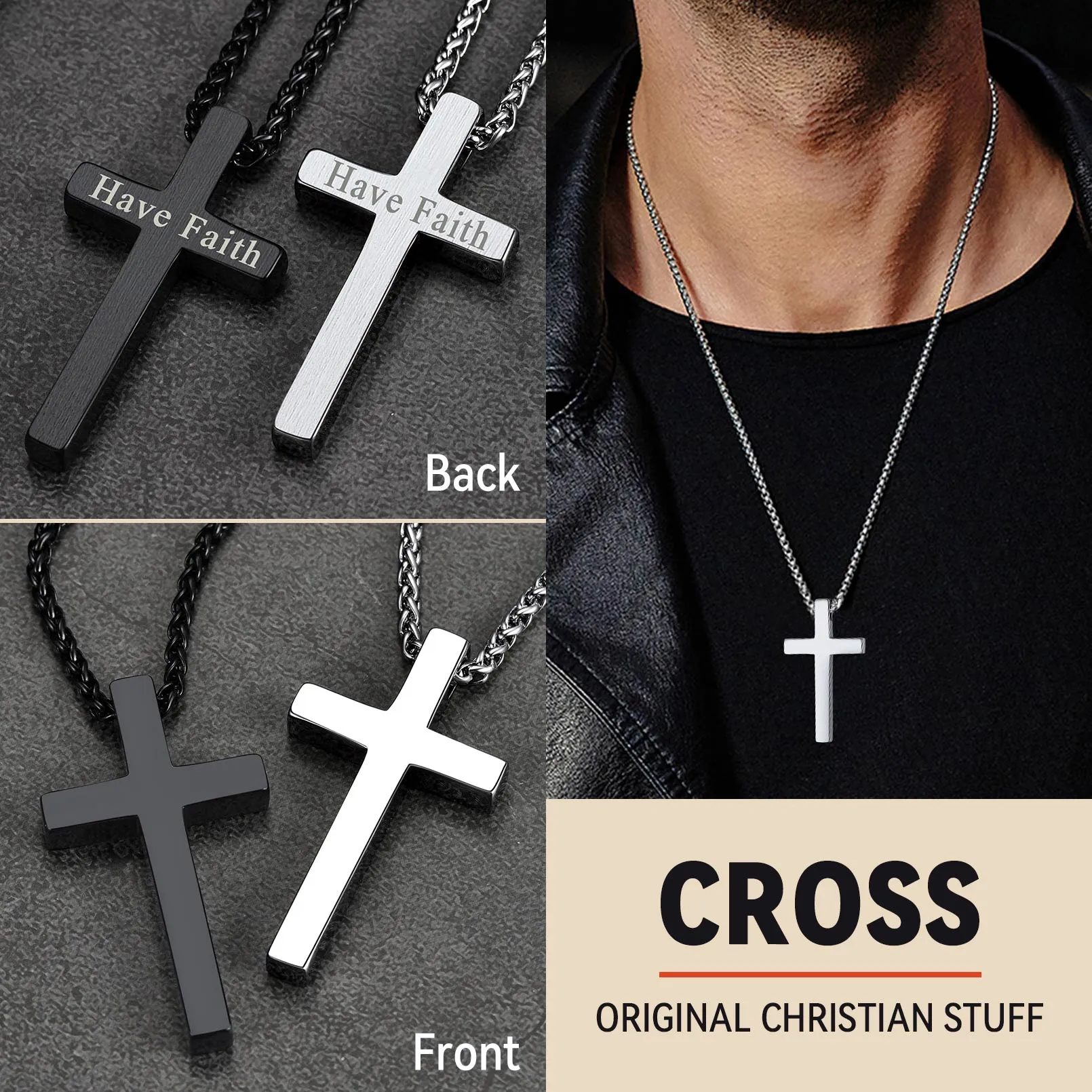 Christian Engraved Plain Cross Necklace Pendant for Men Women sold by FaithHeart product image thumbnail 4