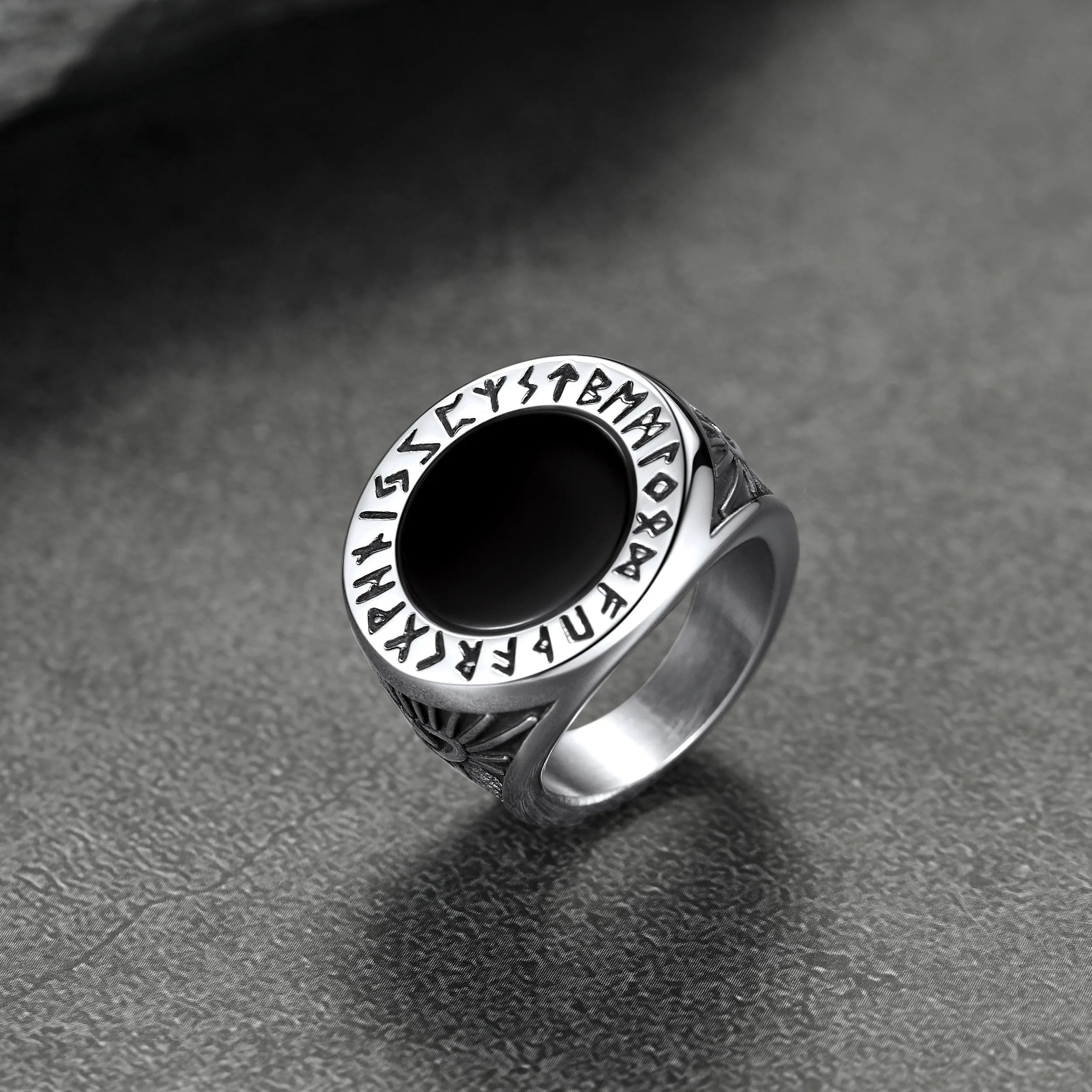 Black Onyx Signet Ring with Viking Runes for Men sold by FaithHeart product image thumbnail 4