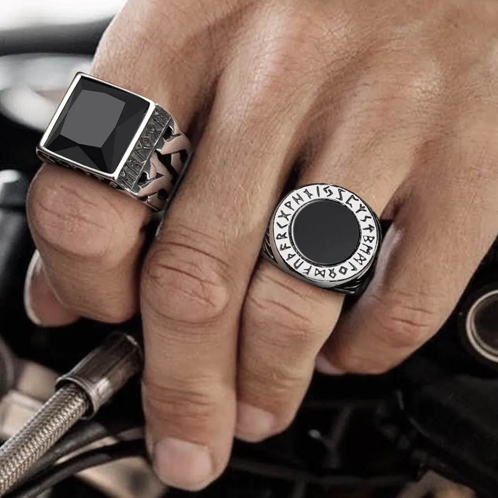 Black Onyx Signet Ring with Viking Runes for Men sold by FaithHeart product image thumbnail 2