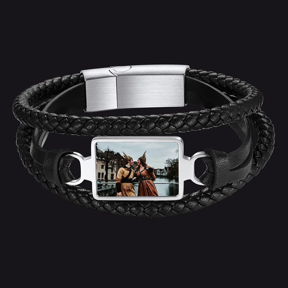 Personalized Picture Black Leather Bracelet Gift for Men sold by FaithHeart