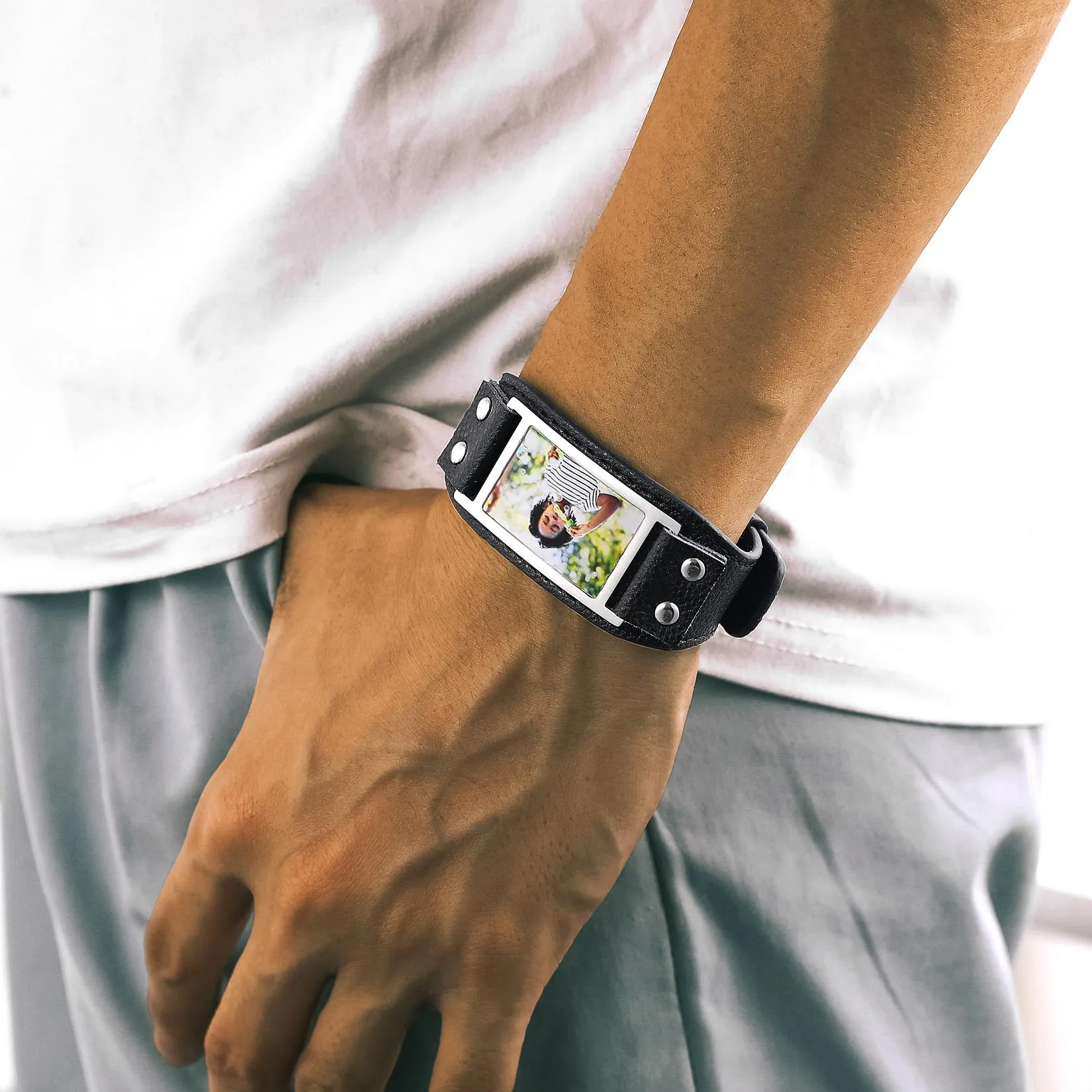 Personalized Picture Leather Bracelet Black Wristband for Men sold by FaithHeart product image thumbnail 2