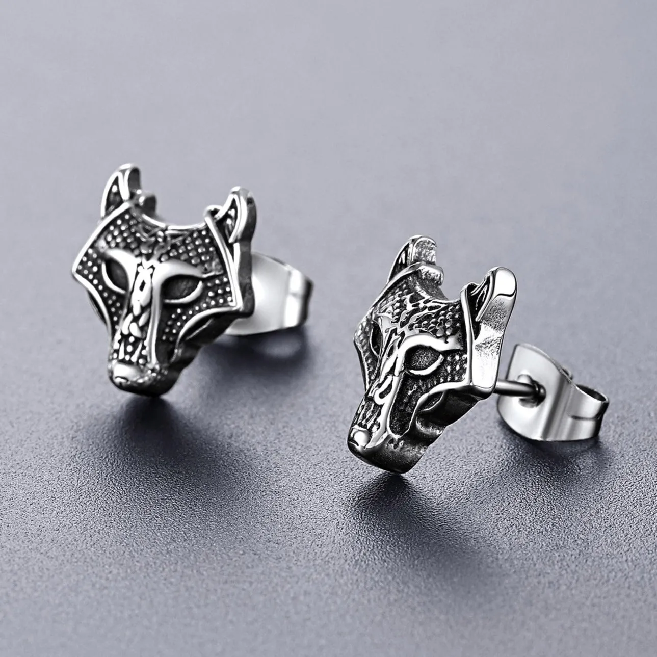 Viking Celtic Wolf Head Stud Earrings for Men Stainless Steel sold by FaithHeart product image thumbnail 4