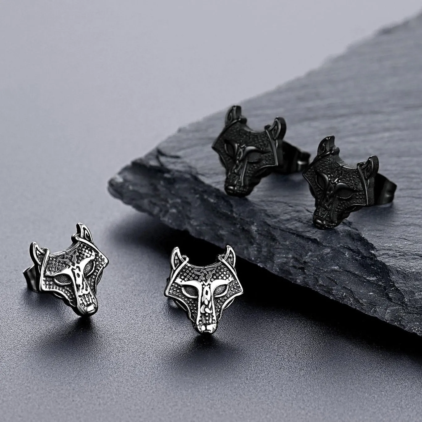 Viking Celtic Wolf Head Stud Earrings for Men Stainless Steel sold by FaithHeart product image thumbnail 2