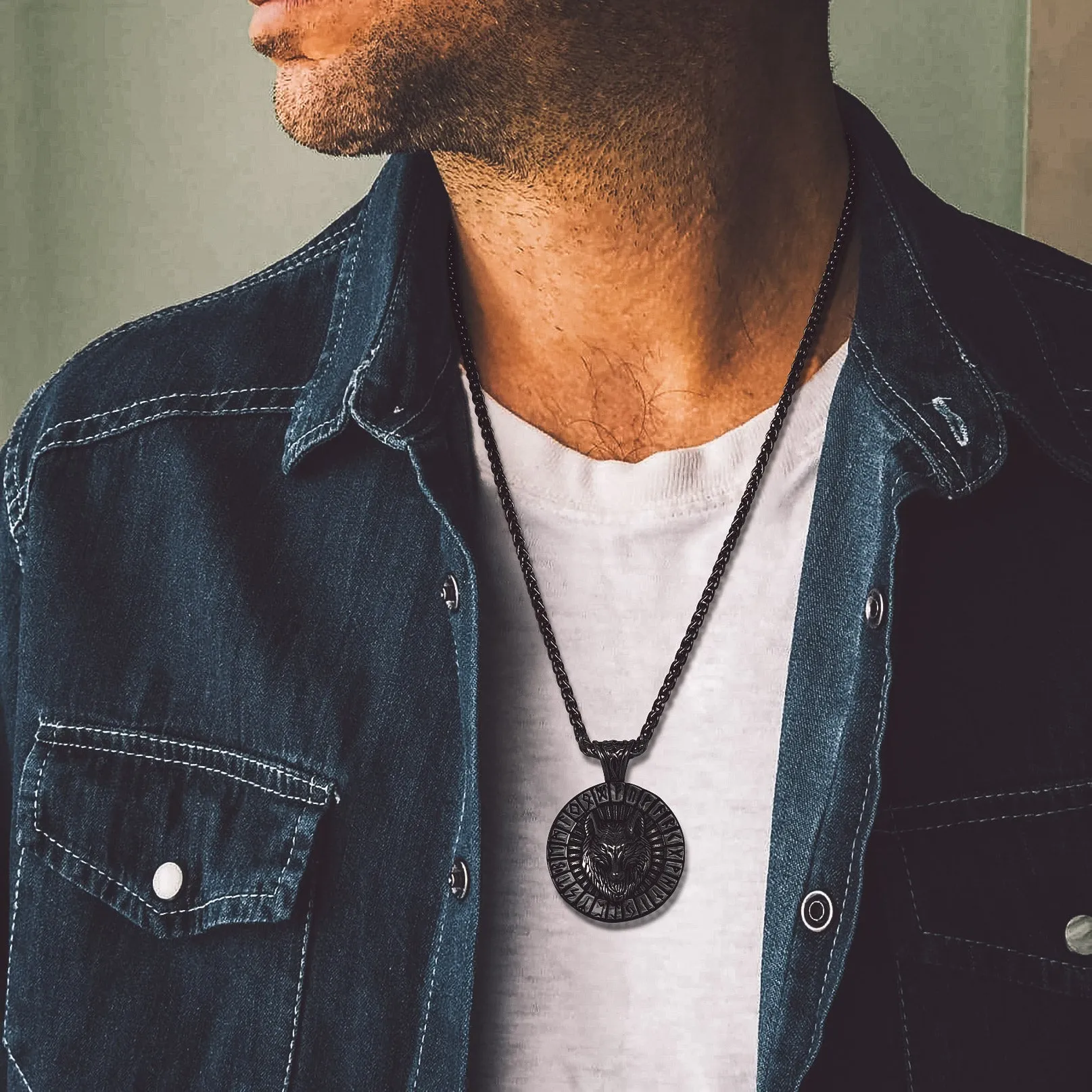 Viking Wolf Medal Necklace With Runes Jewelry For Men sold by FaithHeart product image thumbnail 2