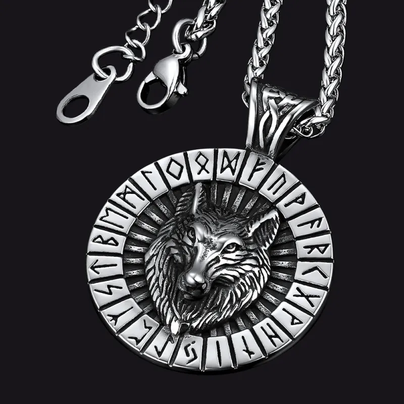 Viking Wolf Medal Necklace With Runes Jewelry For Men sold by FaithHeart
