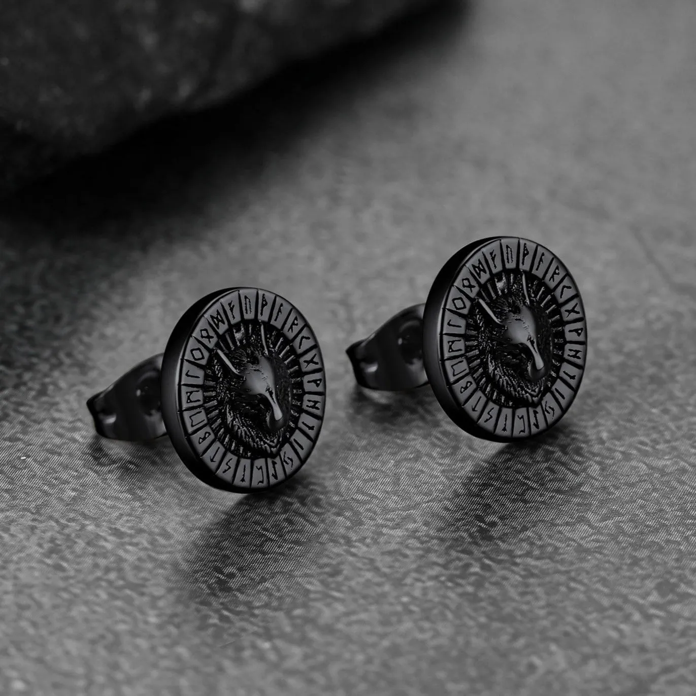 Viking Wolf Head Stud Earrings with Runes For Men sold by FaithHeart product image thumbnail 5