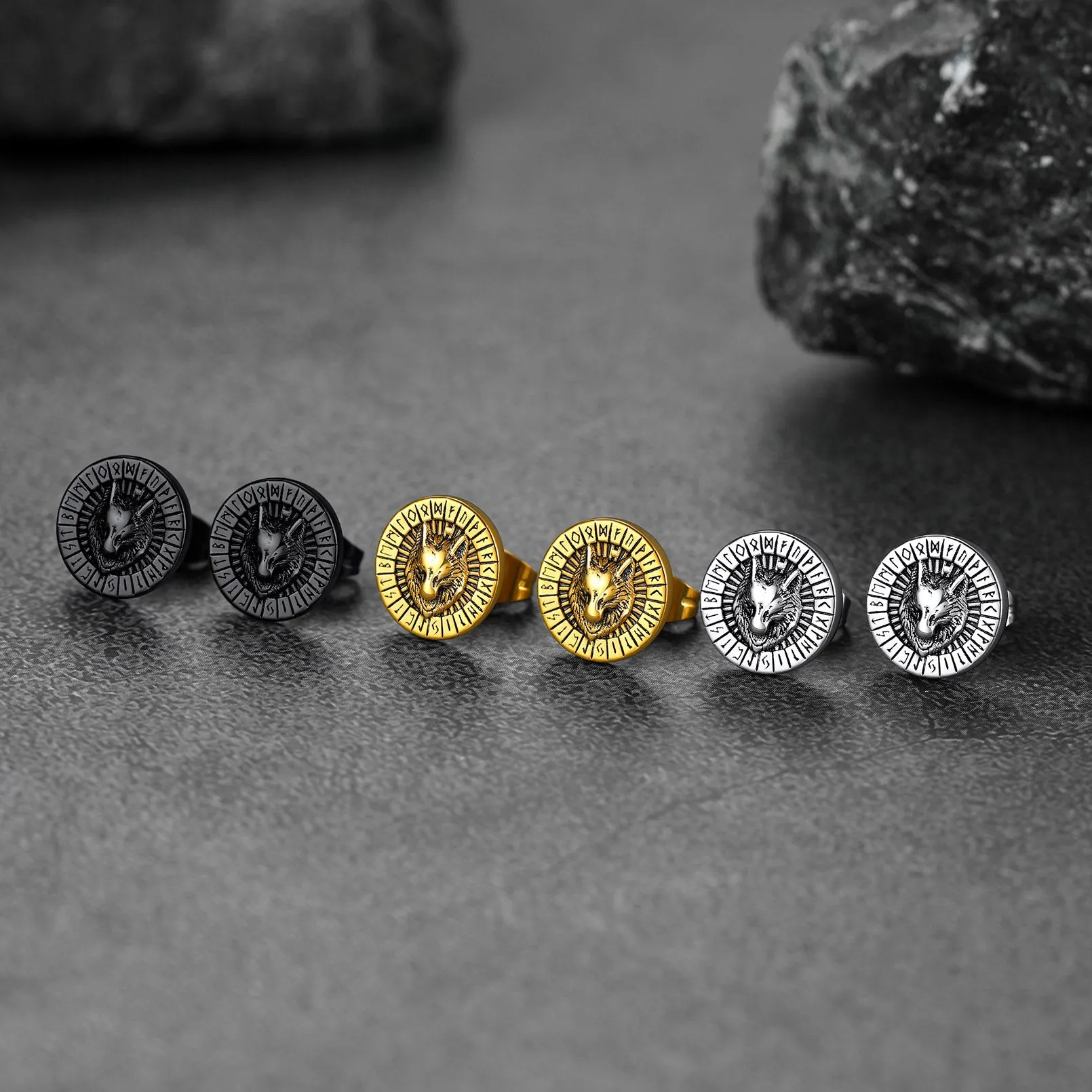Viking Wolf Head Stud Earrings with Runes For Men sold by FaithHeart product image thumbnail 4