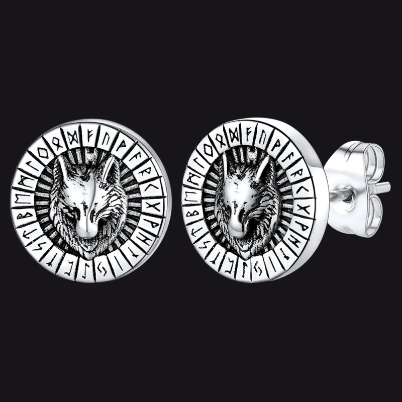 Viking Wolf Head Stud Earrings with Runes For Men sold by FaithHeart