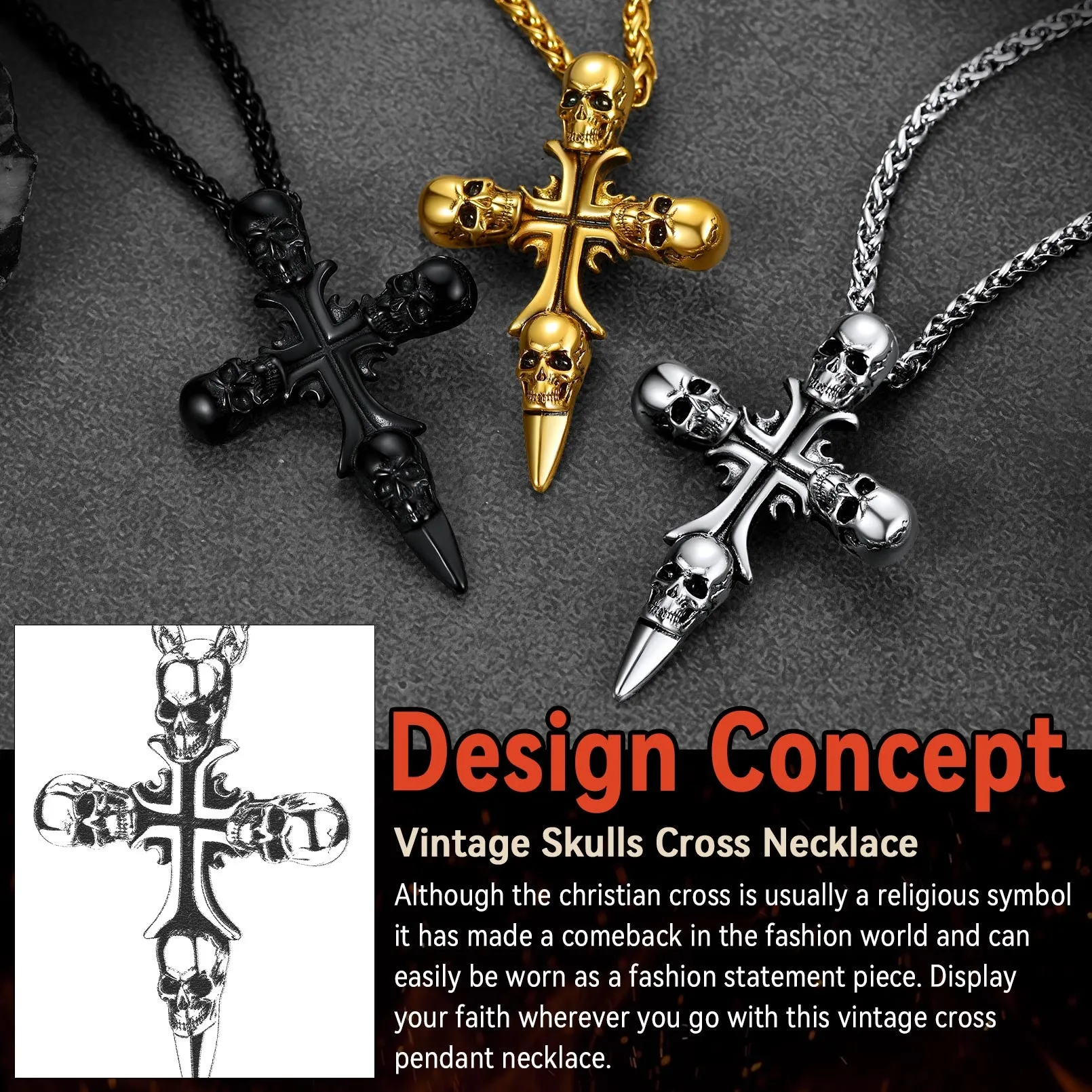 Vintage Skull Cross Necklace For Men Stainless Steel sold by FaithHeart product image thumbnail 3