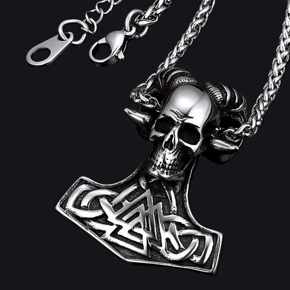 Viking Thor's Hammer Skull Necklace Pendant for Men sold by FaithHeart