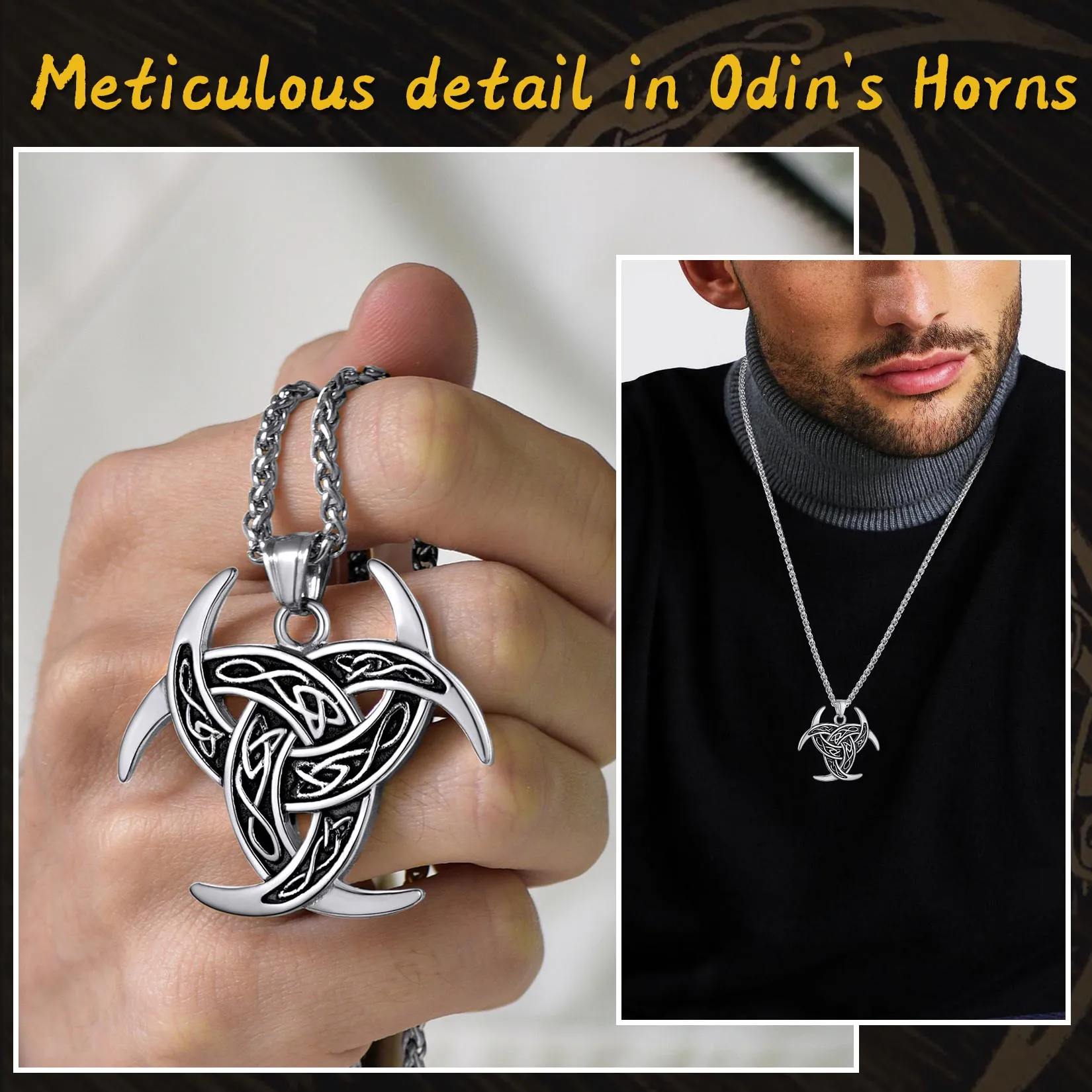 Viking Triple Horn of Odin Necklace Crescent Triquetra Charm Amuelt for Men sold by FaithHeart product image thumbnail 4