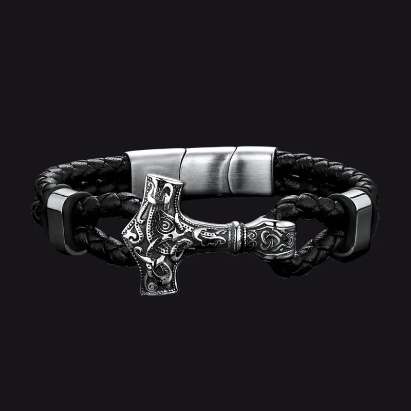 Viking Thor's Hammer Mjolnir Braided Leather Bracelet Gift For Men sold by FaithHeart