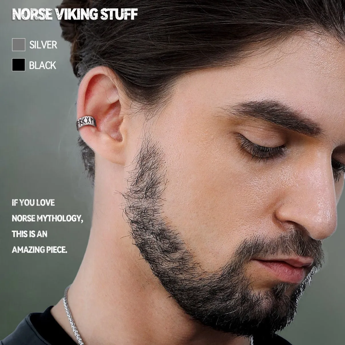 Norse Viking Runes Ear Cuff Earrings for Men in Sterling Silver sold by FaithHeart product image thumbnail 3