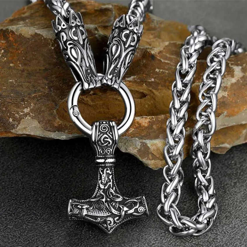 Viking Thor's Hammer Mjolnir Necklace For Men With Wolf Chain sold by FaithHeart