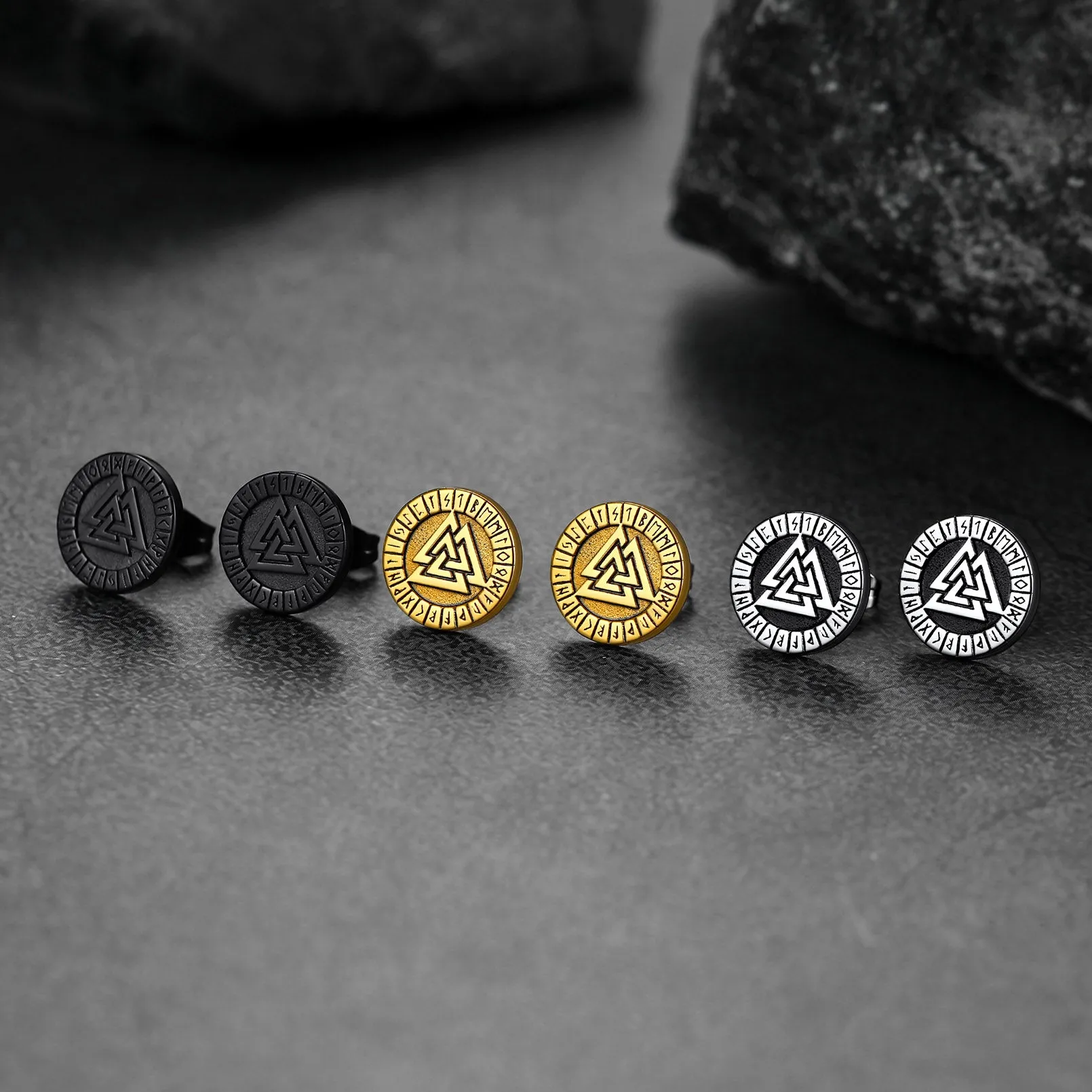 Viking Valknut Black Stud Earrings For Men With Runes sold by FaithHeart product image thumbnail 4