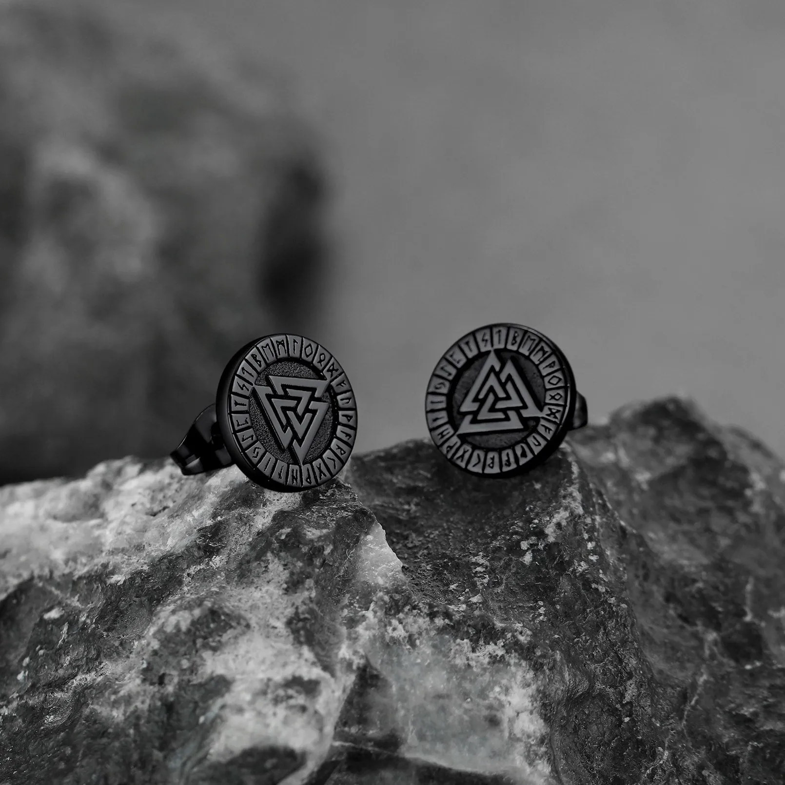 Viking Valknut Black Stud Earrings For Men With Runes sold by FaithHeart product image thumbnail 5