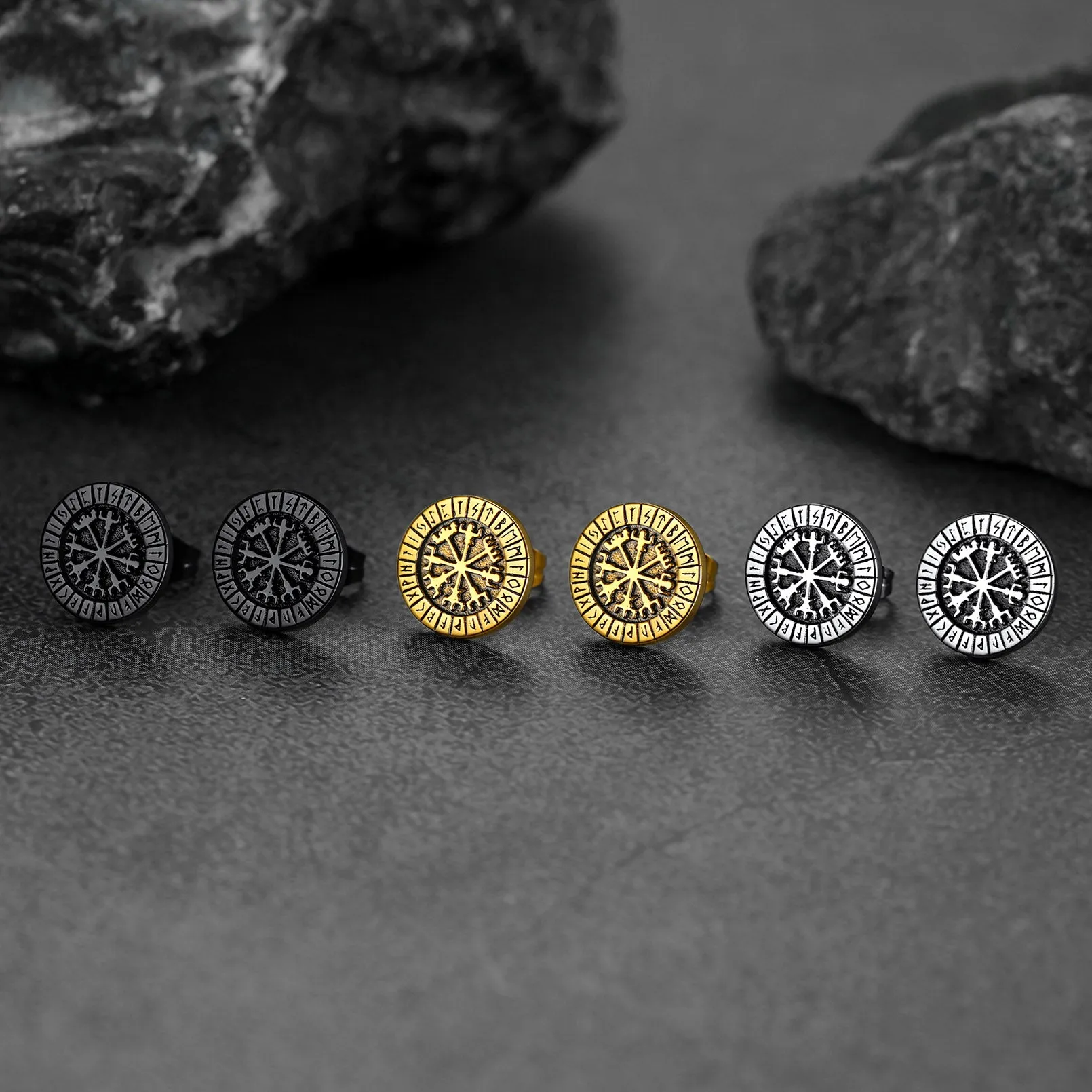 Norse Viking Compass Vegvisir Stud Earrings For Men sold by FaithHeart product image thumbnail 4